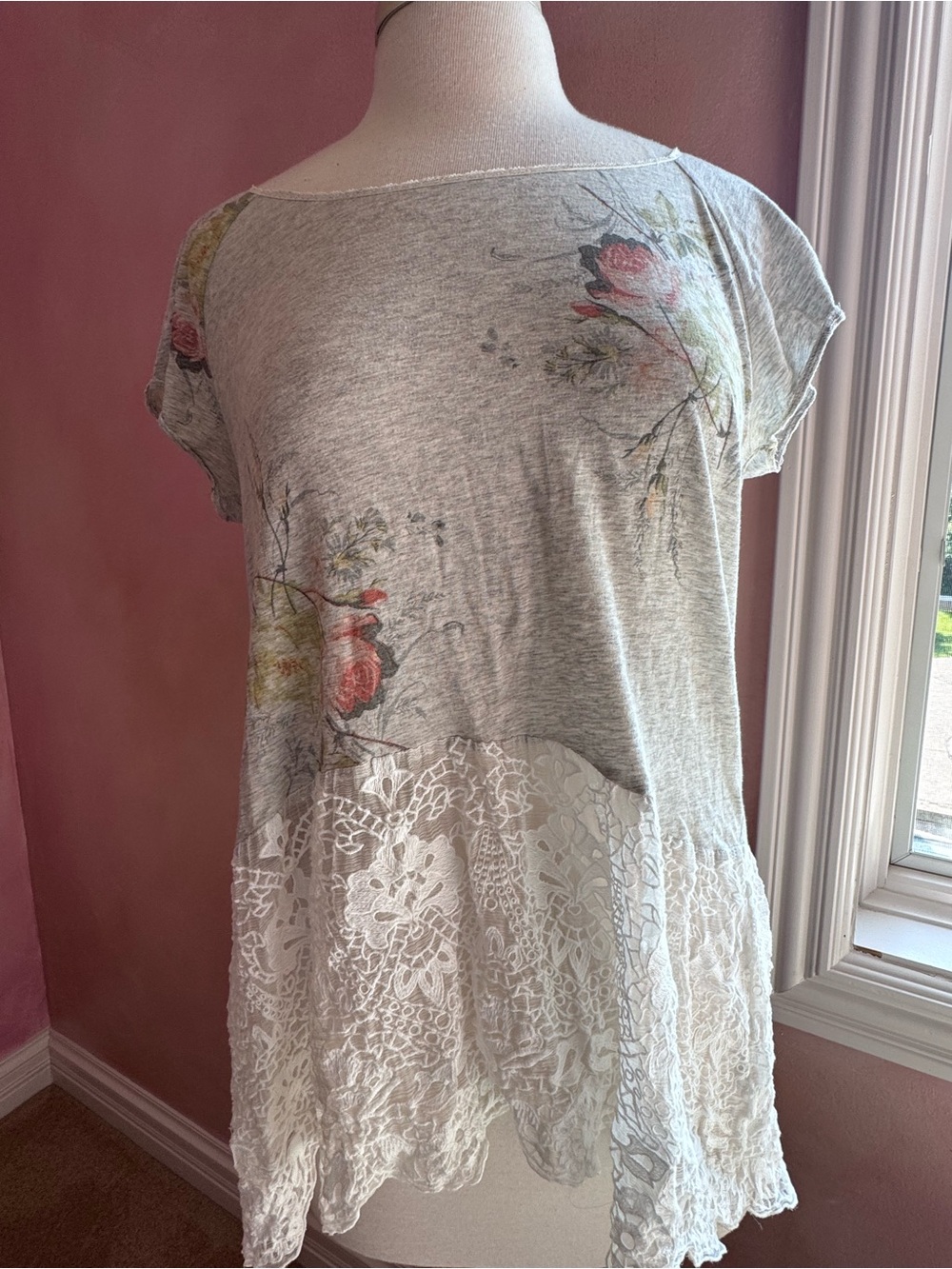 Johnny Was Heather Gray Floral Tee with White Lace Hem